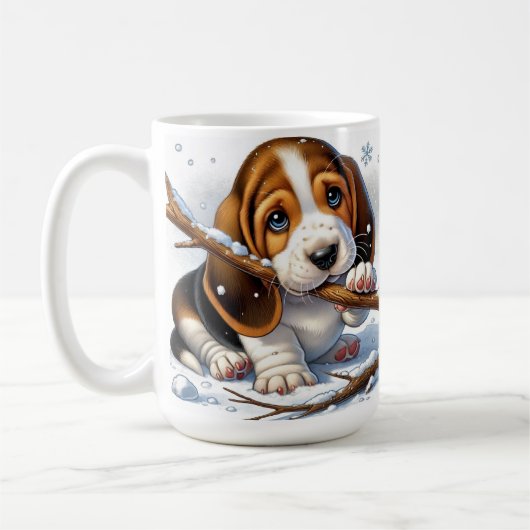 Mug Chiot adorable tenant un bâton enneigé (Gauche)