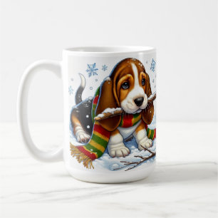 Mug Chiot Basset Hound dans la neige avec écharpe et b