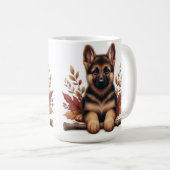 Mug chiot berger allemand posé avec des feuilles d'au (Devant droit)