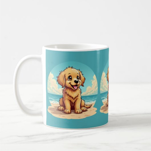 Mug Chiot doré mignon sur une scène de plage ensoleill (Gauche)
