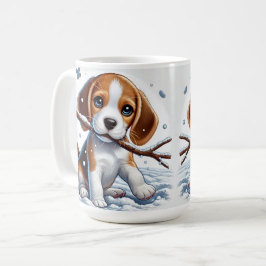 Mug Chiot jouant dans la neige avec un bâton en hiver (Devant gauche)