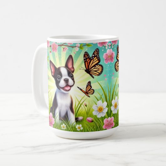 Mug Chiot mignon avec fleurs et papillons (Devant gauche)
