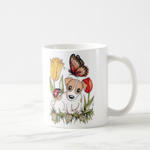 Mug Chiot mignon avec papillon, coccinelle et tulipes