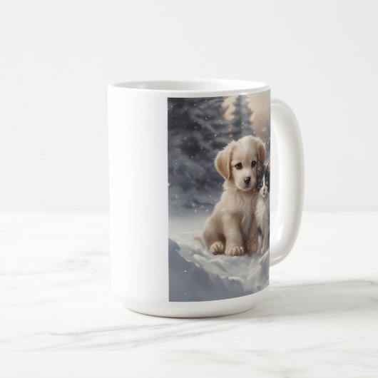 Mug Chiot mignon et chaton en neige (Devant droit)