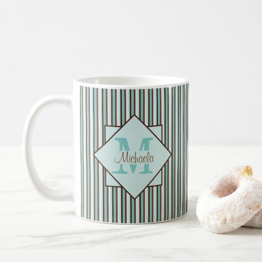 Mug Chocolat Brown et pinte vert rayures Monogramme (Avec donut)