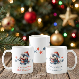 Mug chocolat chaud Noël nom pingouin bleu