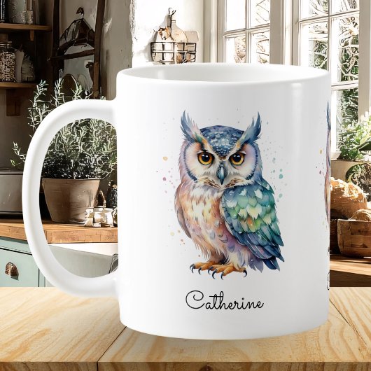 Mug Chouette à l'aquarelle moderne nom personnalisé