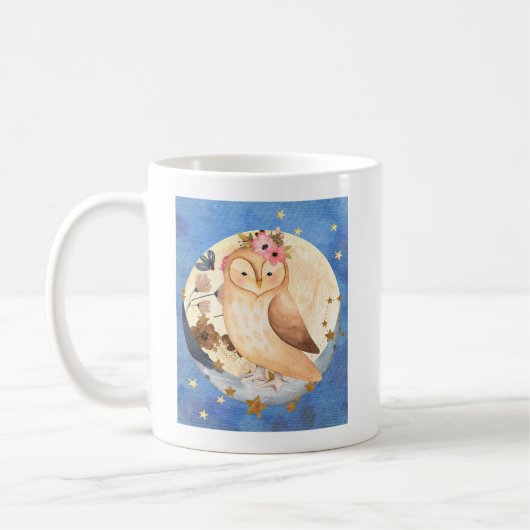 Mug Chouette aquarelle avec lune de fleurs et tache (Gauche)