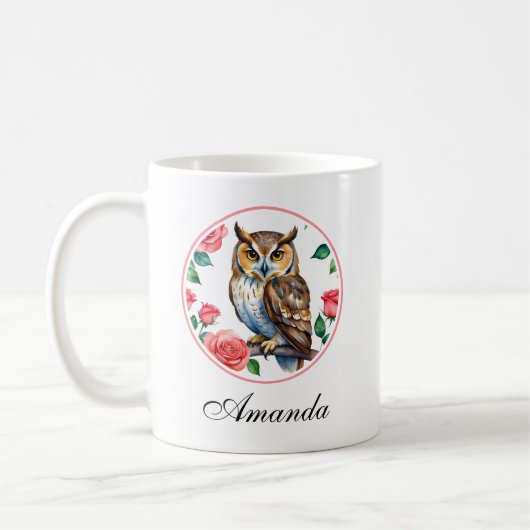 Mug Chouette aquarelle décorative avec Rose (Gauche)