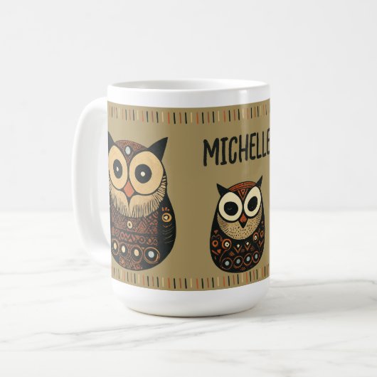 Mug Chouette d'art populaire Brown noire Nom personnal (Devant gauche)