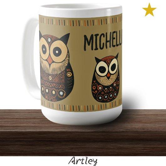 Mug Chouette d'art populaire Brown noire Nom personnal