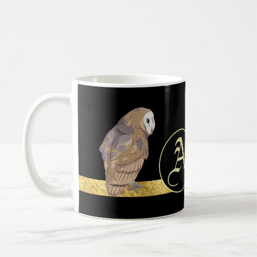 Mug Chouette noir arrière - plan or barre monogramme (Gauche)