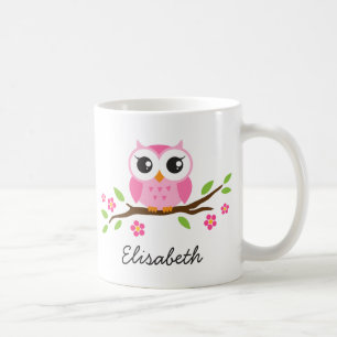 Mug Chouette sur branche avec fleurs roses nom personn