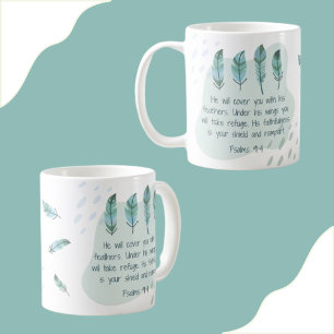 Mug Christian Boho Feathers Psaume 91:4 Vert Bleu