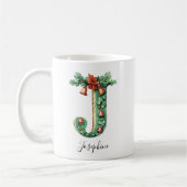 Mug Christmas Holly & Bells Letter J Personalized Name (Gauche)
