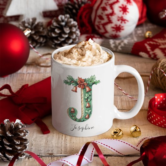 Mug Christmas Holly & Bells Letter J Personalized Name