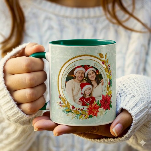 Mug Christmas Photo - Gold Glitter Wreath Family