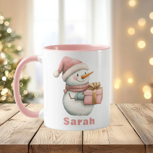 Mug Christmas Pink Snowman Cadeau Nom personnalisé