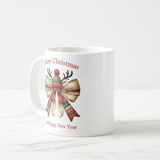 Mug Christmas rustic bow with elves hat reindeer (Devant gauche)