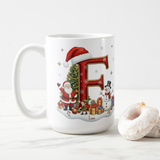 Mug Christmas Santa Claus Elf Penguin Alphabet E (Avec donut)