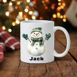 Mug Christmas Snowman Green Casquette Nom personnalisé<br><div class="desc">Entrez dans l'esprit de vacances avec un Casquette de Noël Snowman Green Custom Name Coffee Mug! Cette adorable tasse à café de Noël est ornée d'un bonhomme de neige classique et joyeux, d'un casquette en tricot vert confortable, de mitaines assorties et d'un foulard coquet. Customisez facilement avec n'importe quel nom...</div>