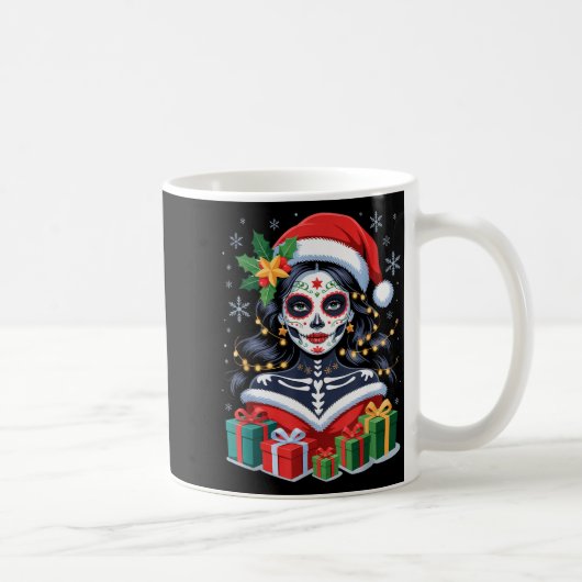 Mug Christmas Sugar Skull Art Woman Santa Hat Festive  (Droite)