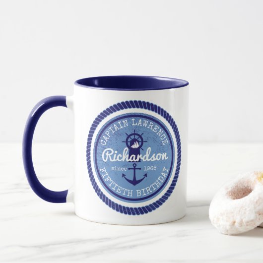 Mug cinquantième Capitaine Nautical Rope Anchor Helm (Avec donut)
