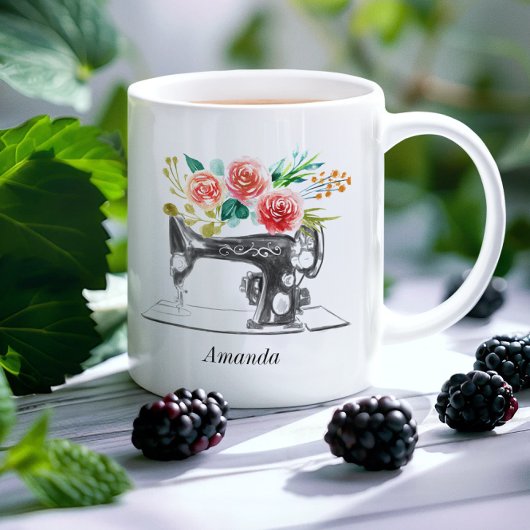 Mug Citation de la machine à coudre noire rouge Floral