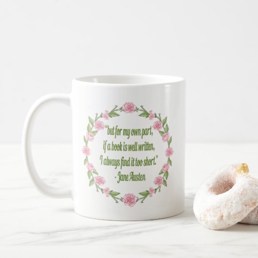 Mug Citation de livre de Jane Austen - roses roses (Avec donut)