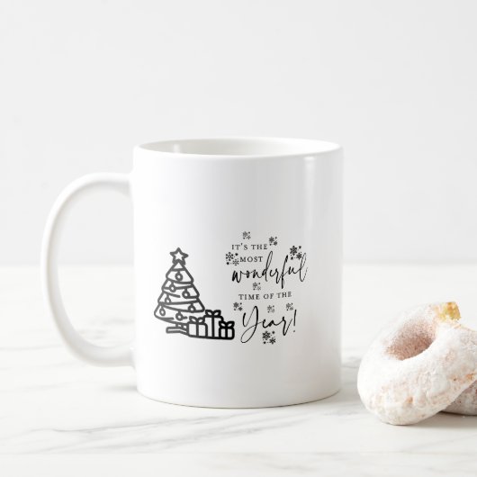 Mug Citation simple Noir Blanc Joyeux Arbres de Noël (Avec donut)