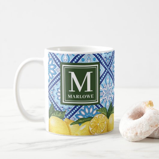 Mug Citrons Carreaux Bleus Méditerranéens Monogramme (Avec donut)