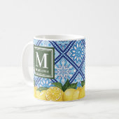 Mug Citrons Carreaux Bleus Méditerranéens Monogramme (Devant gauche)