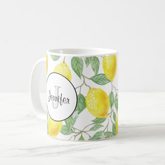 Mug Citrons jaunes avec Monogramme Motif vert (Devant gauche)