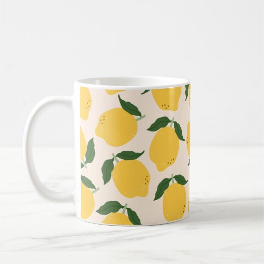 Mug Citrons jaunes juteux, feuilles verts. Fraîchement (Gauche)