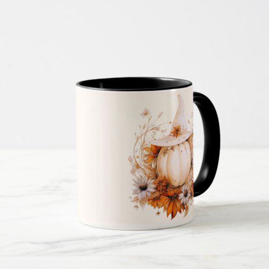 Mug Citrouille blanc Boho et crème de fleurs Halloween (Devant droit)