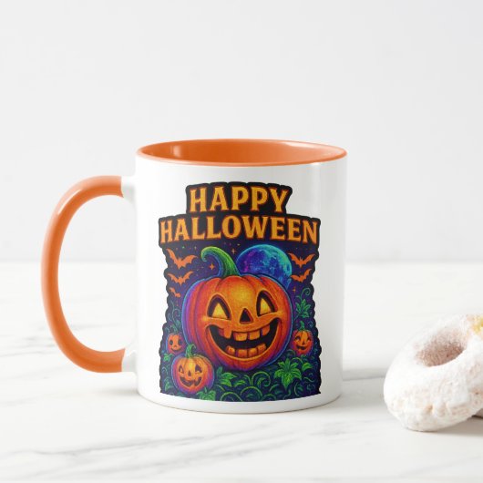 Mug Citrouille Neon Glow "Happy Halloween" (Avec donut)