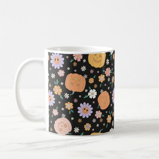 Mug Citrouilles d'Halloween rétro et Motif de fleurs (Gauche)