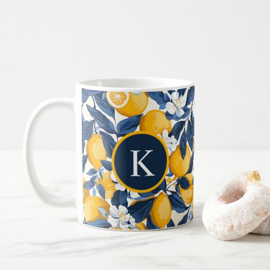 Mug Citrus de citron jaune bleu monogramme (Avec donut)