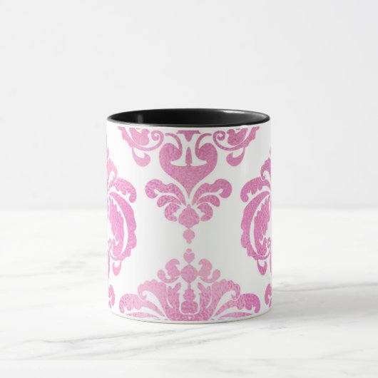 Mug Clair rose et blanc Élégant Chic Damask Patte (Centre)