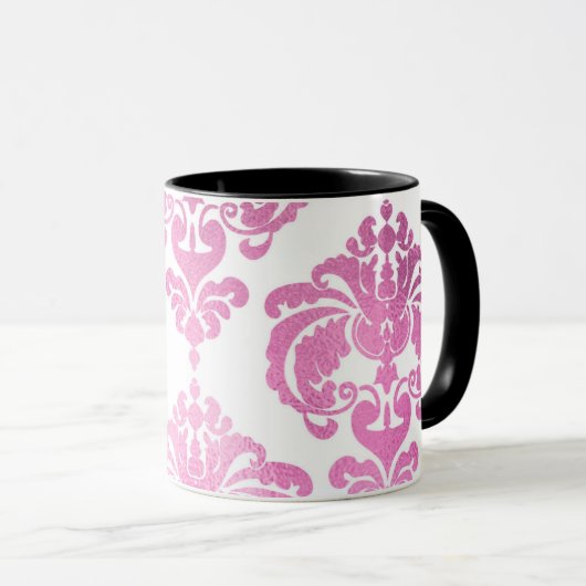 Mug Clair rose et blanc Élégant Chic Damask Patte (Devant droit)