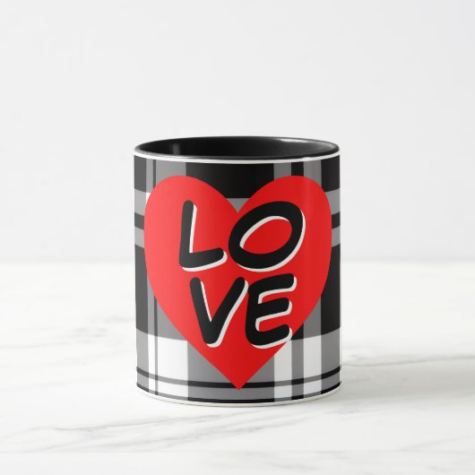 Mug Classic Black White tartan plaid red heart detail (Centre)