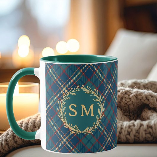 Mug Classic Monogram Gold Wreath Green Tartan Plaid