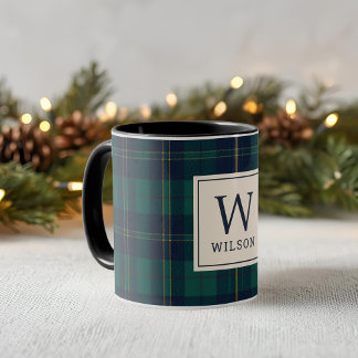 Mug Classic Navy and Green Plaid Family Name Monogram