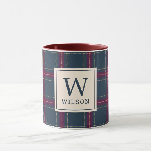 Mug Classic Navy and Red Plaid Family Name Monogram (Centre)