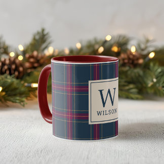Mug Classic Navy and Red Plaid Family Name Monogram