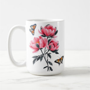 Mug classique - Fleurs de pivoines roses, Papillon