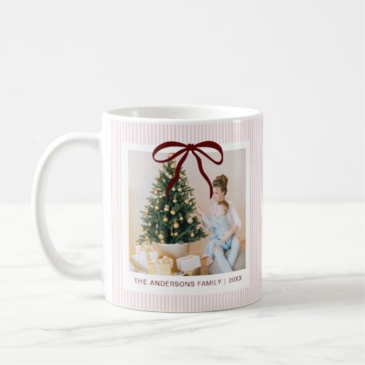 Mug Classique Noël Ruban Rouge Rayures Rose (Gauche)