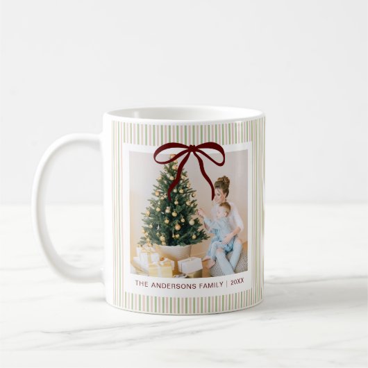 Mug Classique Noël Ruban Rouge Rayures Rose Vert (Gauche)