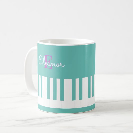 Mug Clés de piano moderne élégant Aqua Monogrammé (Devant gauche)