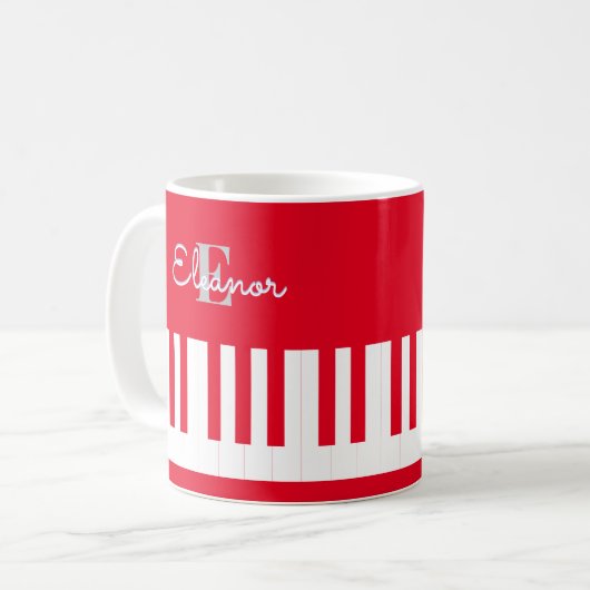 Mug Clés de piano rouge vif moderne Monogramme (Devant gauche)